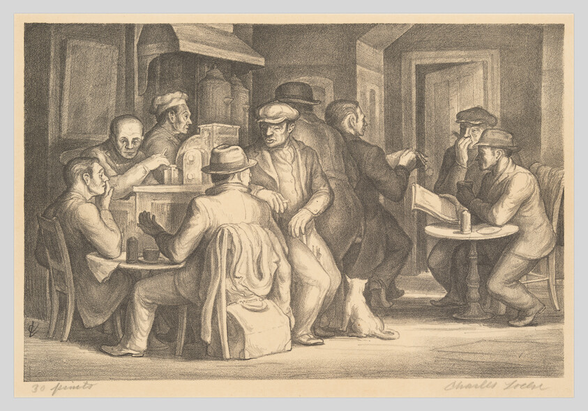 A group of men gather in a dim tavern, talking, reading, and drinking around small tables.