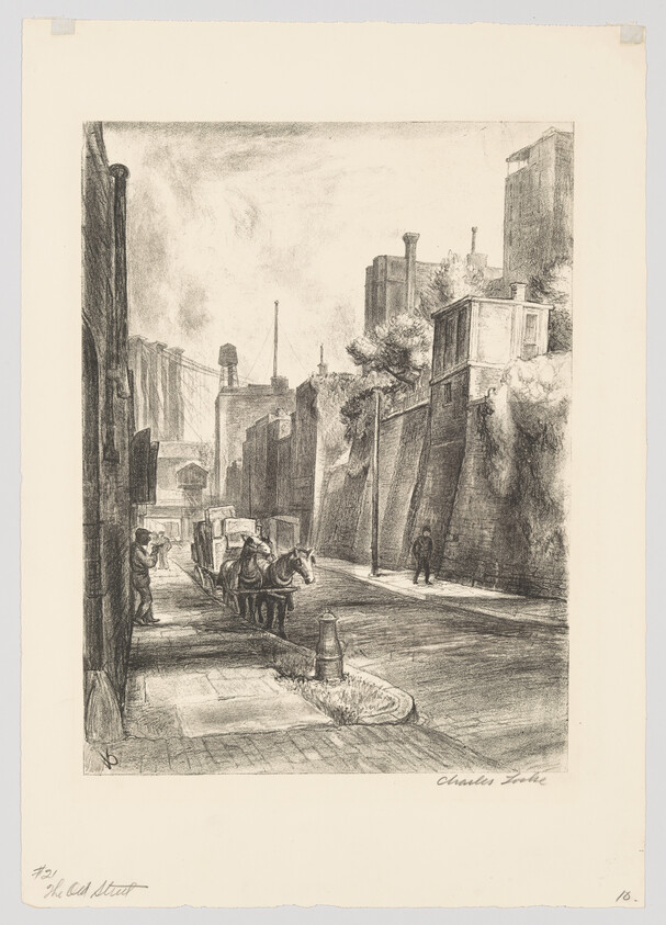 A horse-drawn cart moves along a narrow old city street flanked by tall stone walls.