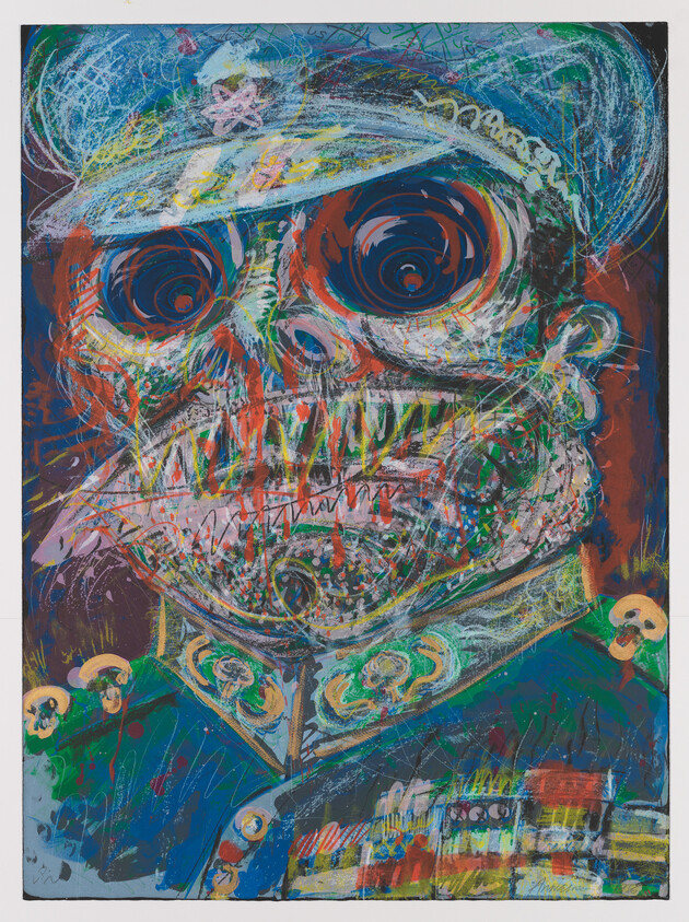 A colorful, chaotic skull-faced figure wearing a decorated military hat and uniform.