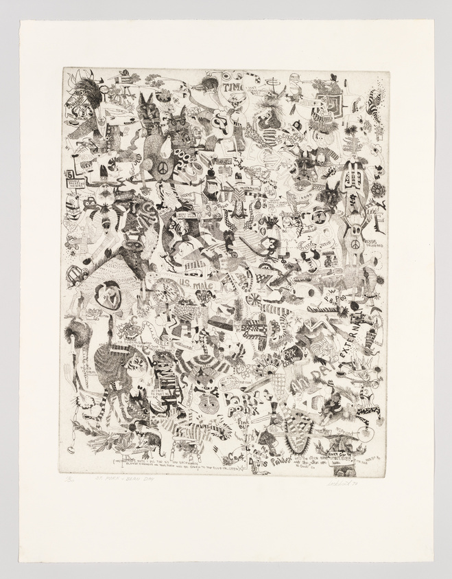 A detailed black and white etching filled with a dense array of whimsical characters, symbols, and text. The composition is crowded with various figures, including animals, human-like forms, and fantastical creatures, intertwined with words and phrases in different fonts and sizes. The artwork has a chaotic, yet intricate quality, with each element vying for attention. The print is on white paper with a visible border and is signed and titled at the bottom.