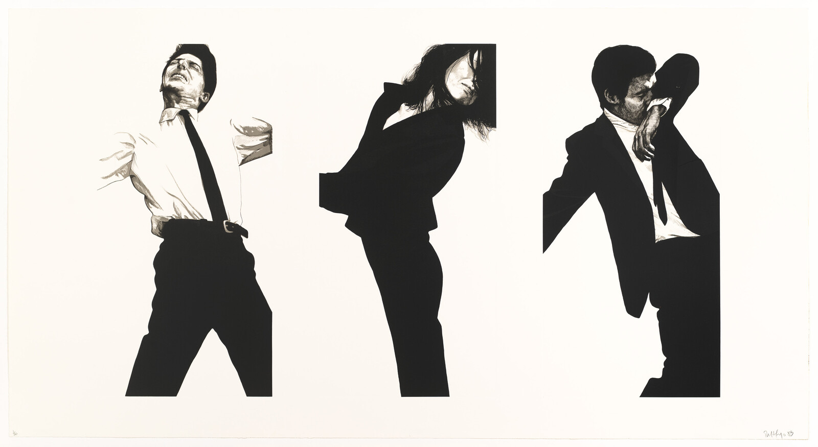 Three people in suits striking dramatic leaning and stretching poses against a white background.