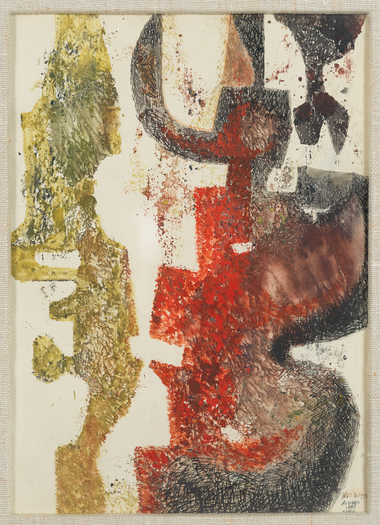 Abstract textured painting with bold red and brown forms and mottled yellow vertical shapes.