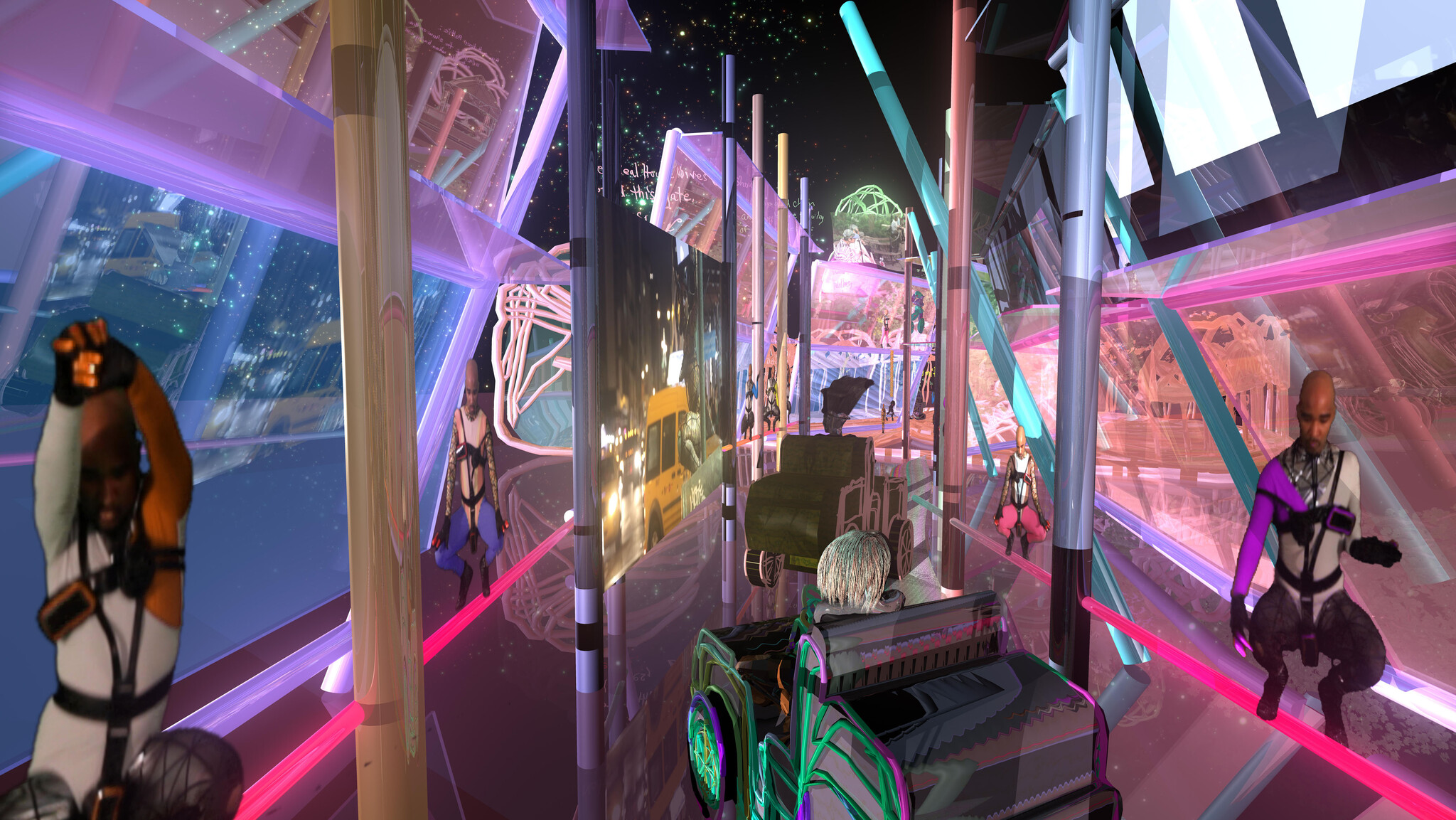 Person in a neon wheelchair moves through a futuristic corridor lined with glowing glass panels.