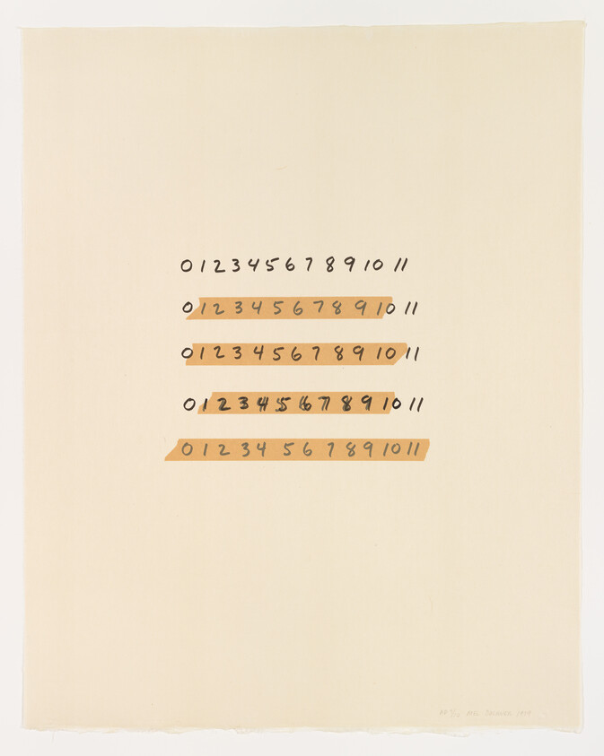 A conceptual artwork featuring four rows of numbers from 0 to 11, with each row showing a different formatting or alteration to the numbers, such as strikethroughs or underlining, on a cream-colored paper background. The artist's signature and the year 1973 are inscribed at the bottom right.