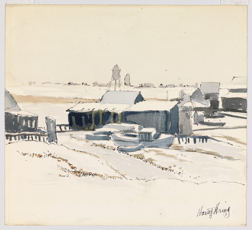 Small coastal harbor with grounded boats and wooden buildings under a pale winter sky.