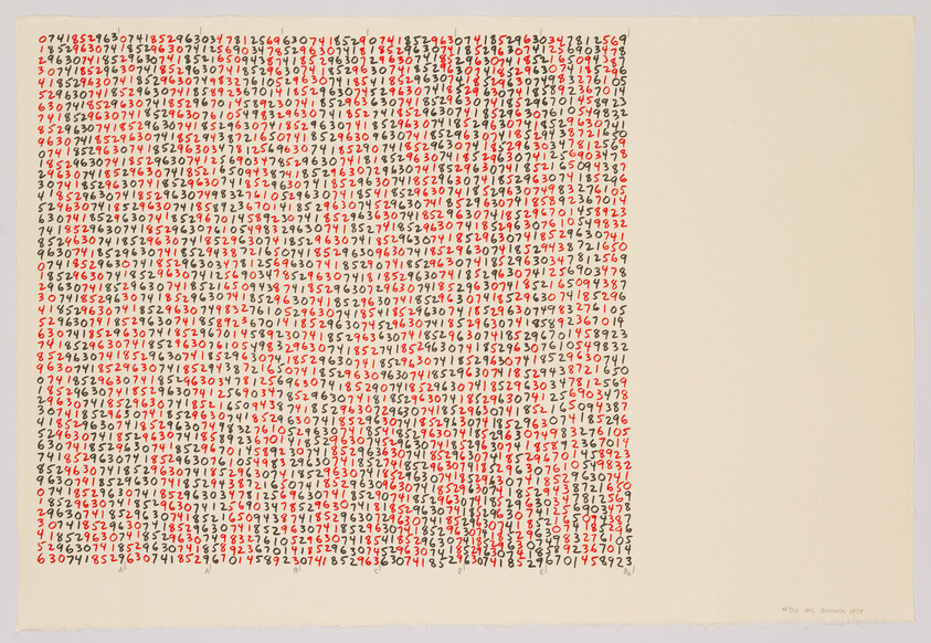 Dense grid of hand-drawn red and black numbers covering the left side of a blank sheet.
