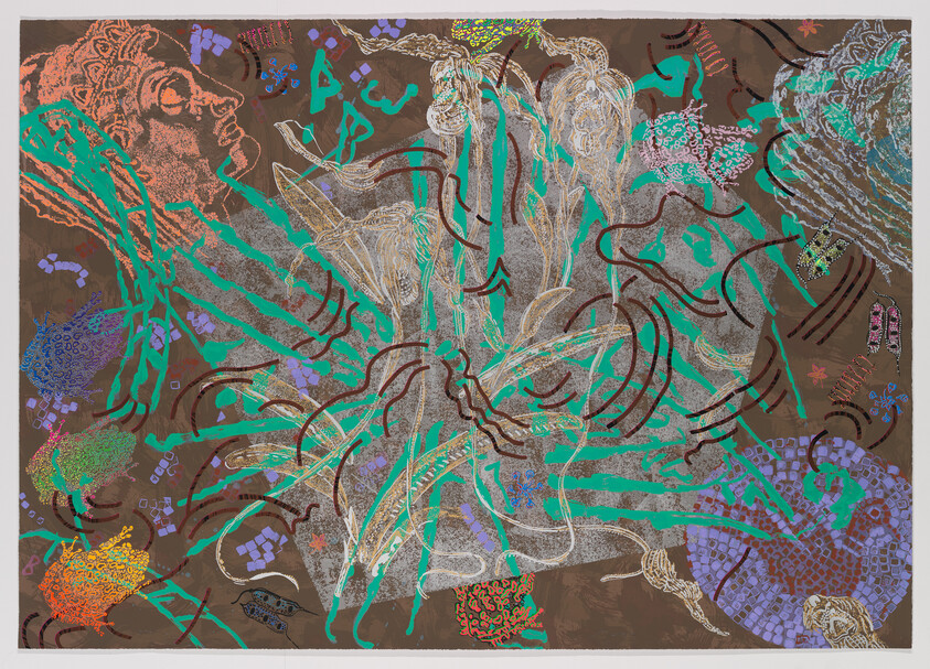 Abstract composition of overlapping human figures, green ribbons, and swirling patterns on a brown background.