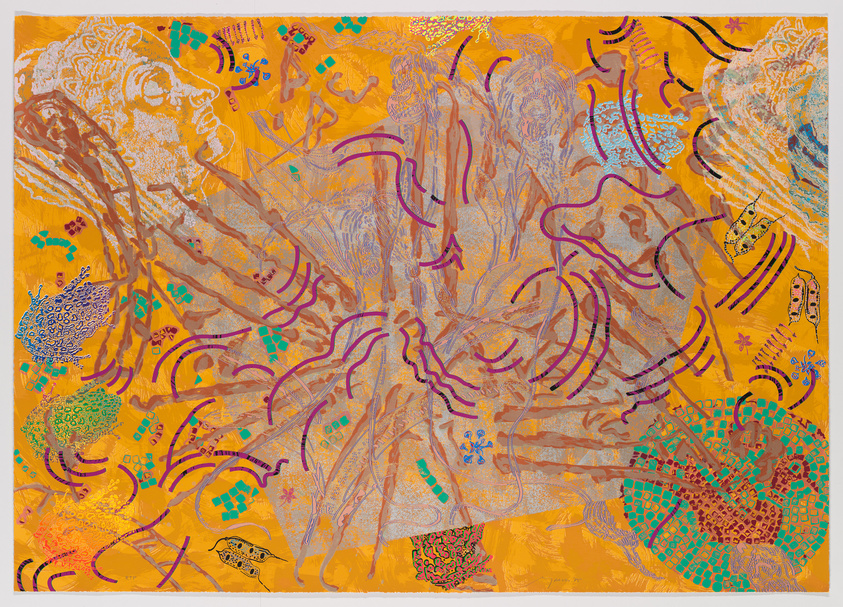 Purple squiggles, flecks of blue and green, and varied transcluent shapes and figures scatter across a mustard yellow background. 