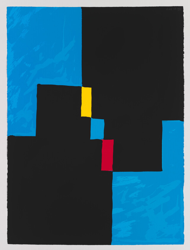 A modern abstract artwork featuring bold blocks of color: a large black area dominates the center, flanked by bright blue on the left and a smaller blue section on the right. A yellow rectangle and a red square are positioned adjacent to each other on the black background, creating a striking contrast.