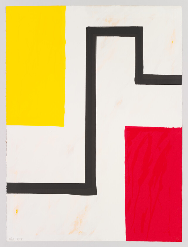 A modern abstract painting featuring geometric shapes and bold colors. On the left, a bright yellow rectangle with a rough, textured edge is juxtaposed against a solid black angular line that forms an incomplete rectangular shape in the center. To the right, a vibrant red rectangle with visible brush strokes adds a pop of color. The background is white with subtle hints of color and brushwork. The artist's signature is in the bottom left corner.