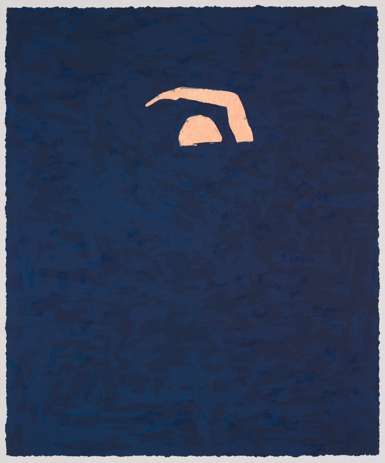 A minimalist abstract painting featuring a dark blue background with a small, orange, geometric shape resembling a simplified arm and shoulder in the upper left corner. The texture of the blue appears uneven, suggesting brushstrokes or a textured application of paint.
