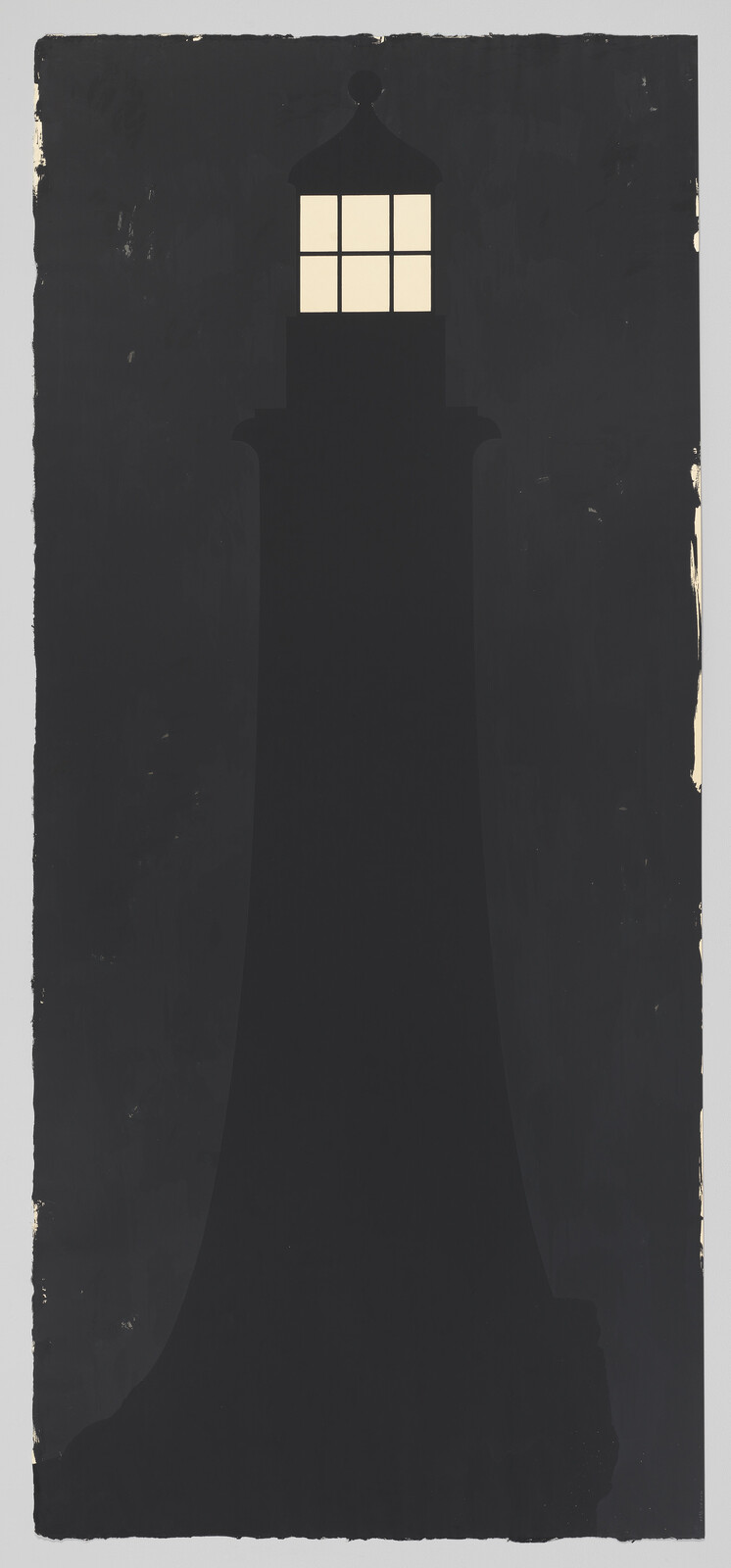 Tall dark lighthouse silhouette with six glowing windows at the top against a black background.