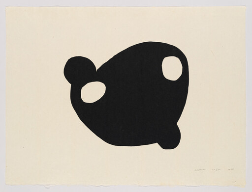 A large black abstract organic shape with two oval cutouts on a cream background.
