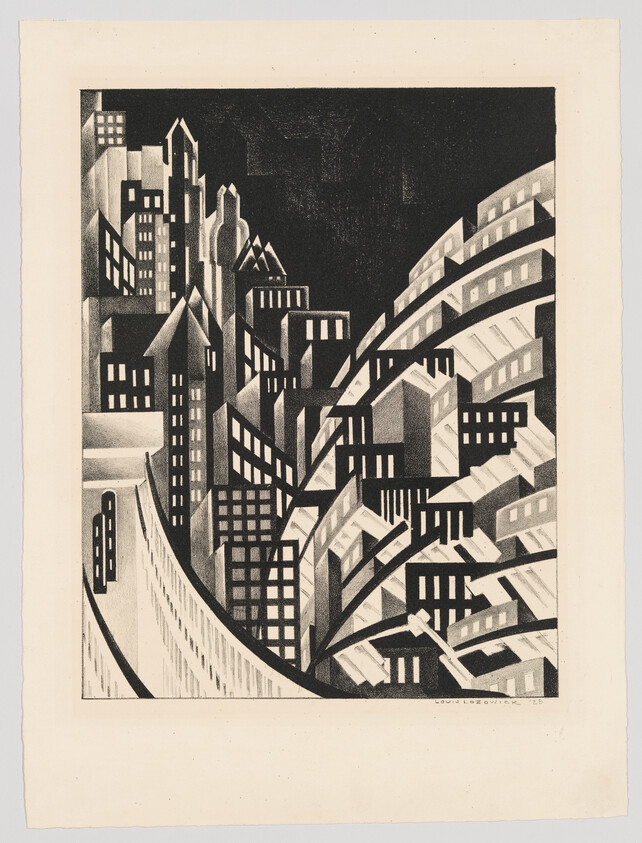 A stylized black-and-white cityscape with geometric skyscrapers and sweeping elevated tracks.