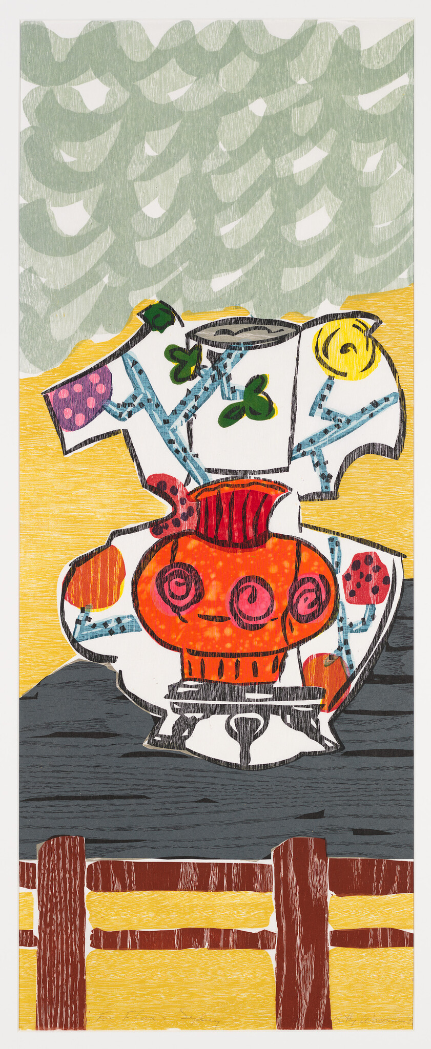Illustration of a whimsical, abstract creature with a teapot-like body in shades of orange and red, featuring spiral eyes and various patterns. The creature is set against a stylized background with wavy green patterns at the top, representing water or sky, and a yellow and brown fence-like structure at the bottom. The overall style is reminiscent of a collage with textured, layered paper cutouts.