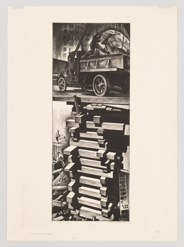 Workers lower heavy beams into a deep construction shaft while a truck carries a large boulder above.