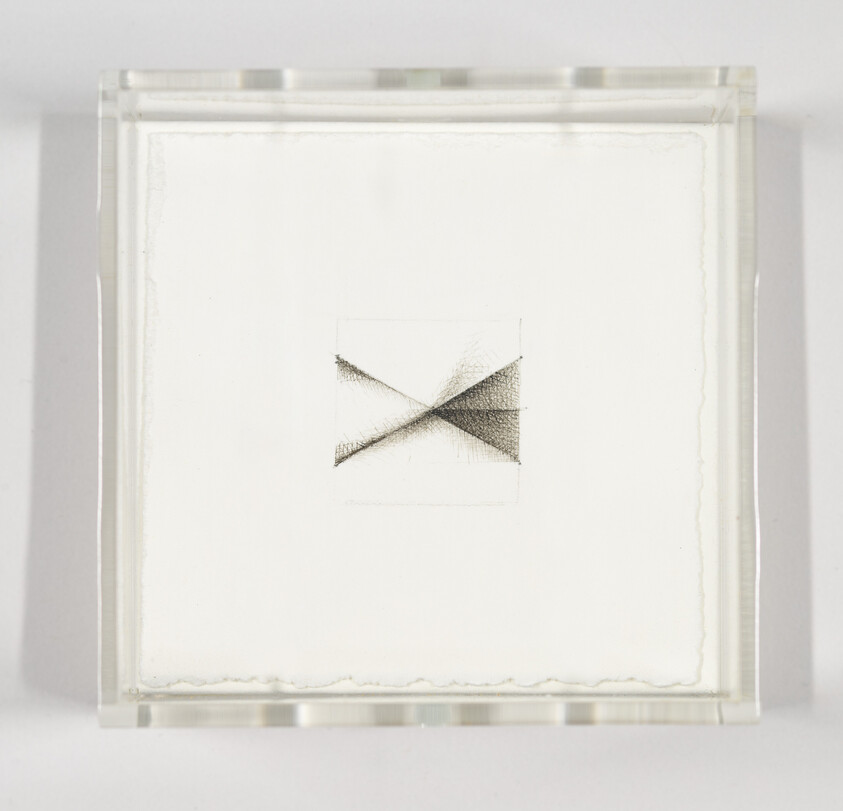 A small abstract cross-hatched pencil drawing is centered on a large white sheet inside a clear frame.
