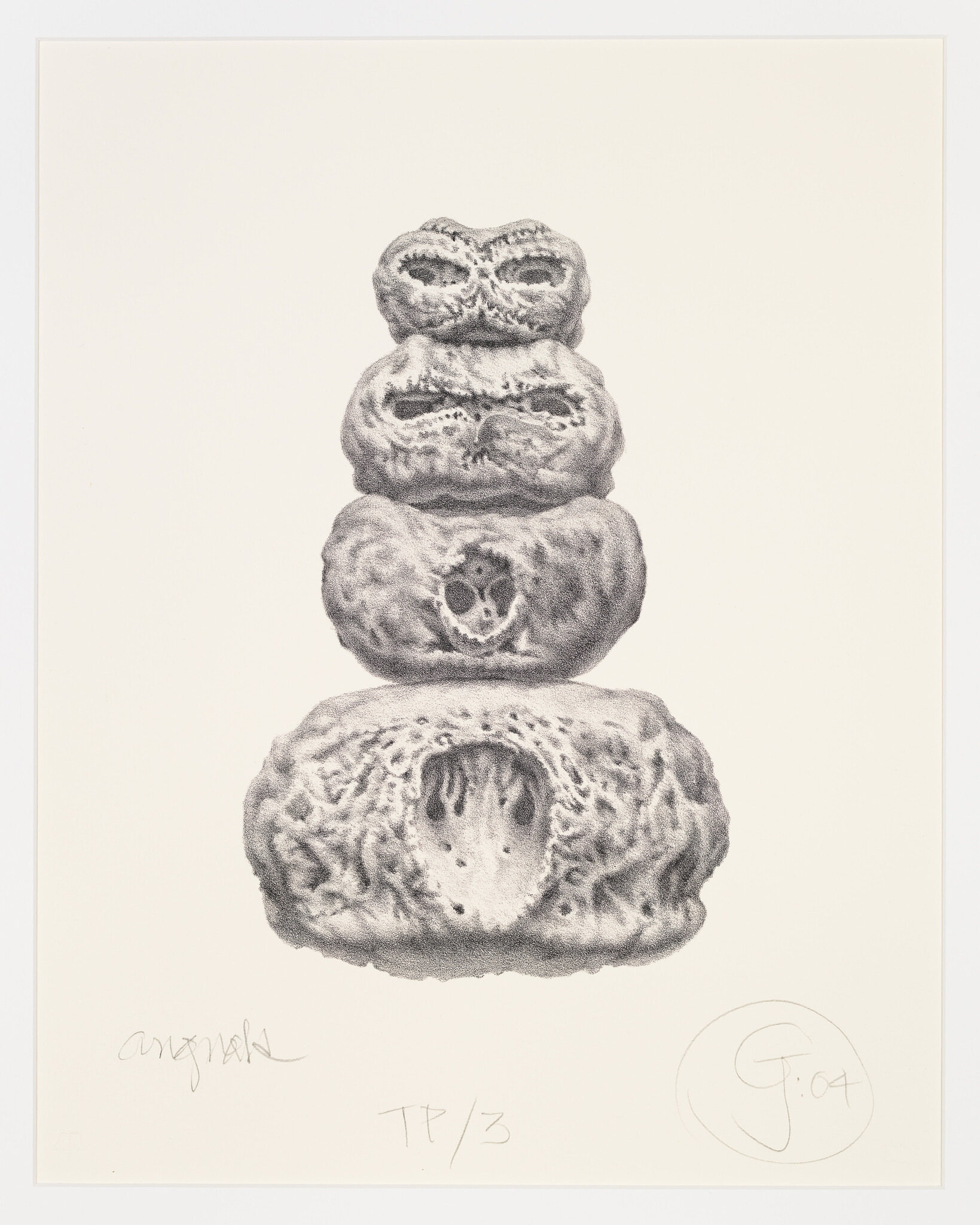 Four textured, hollow stone-like forms stacked vertically, each with carved openings and rough surfaces.