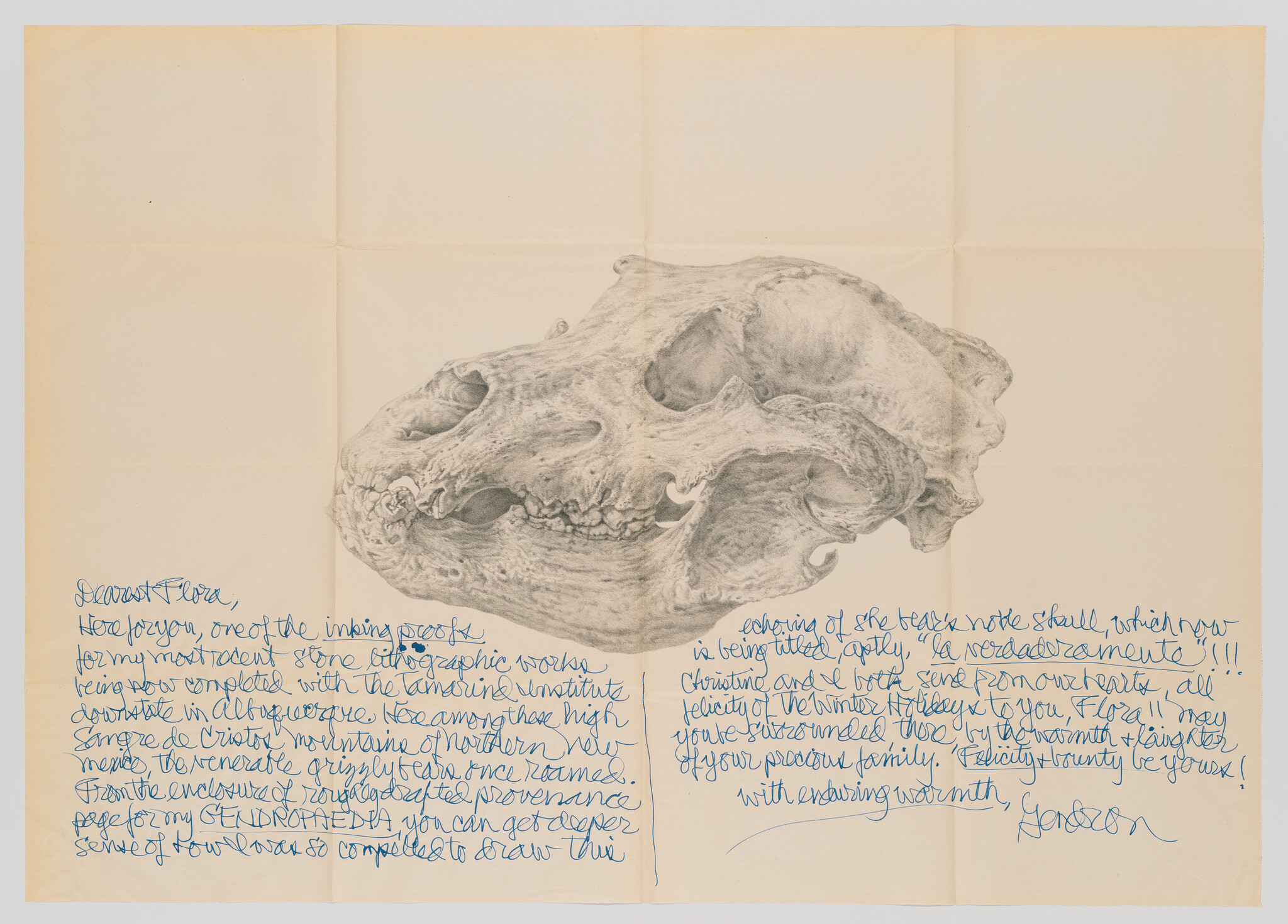 Detailed animal skull drawing centered on folded paper with a handwritten blue note beneath.