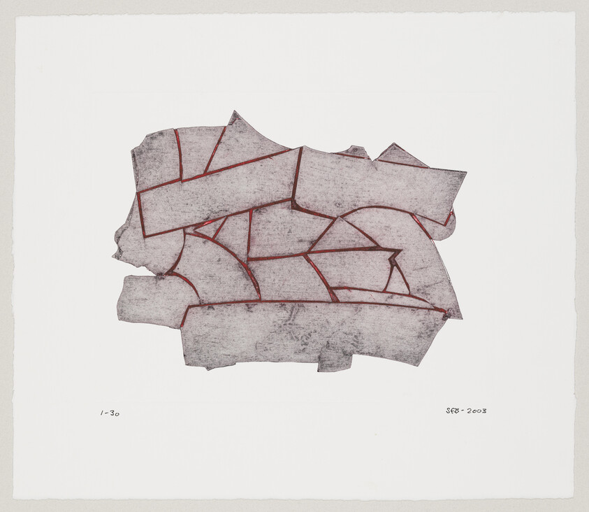 A textured print featuring an abstract, fragmented shape with red outlines on a white background. The artwork is numbered and signed with the year 2003 at the bottom.