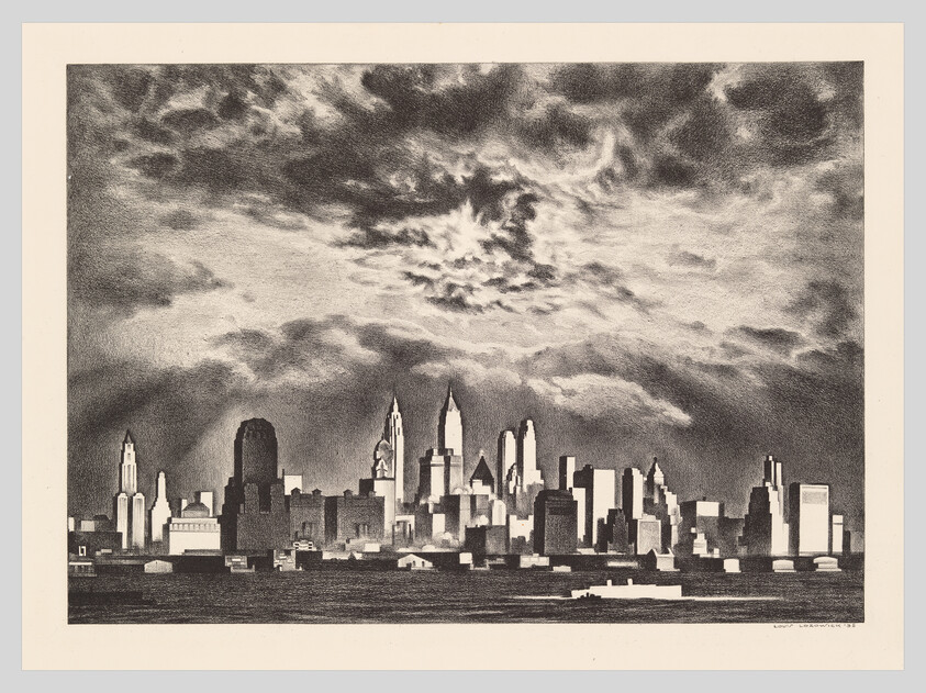 Black and white etching of a city skyline with dramatic clouds overhead.