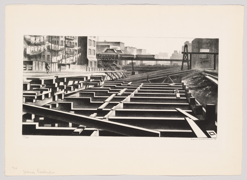 Steel framework and railroad tracks under construction near an elevated train station in a city.