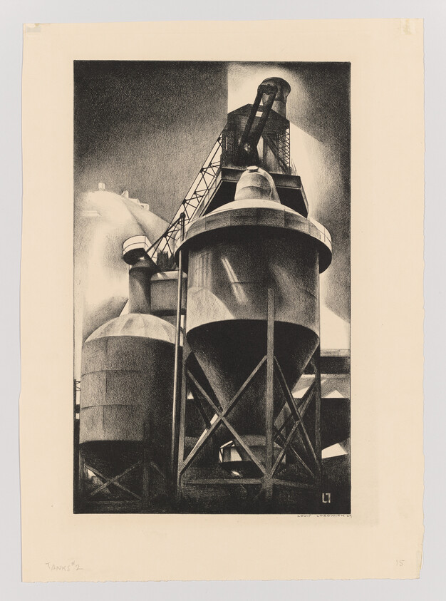 Large industrial silos and metal scaffolding rise against a dark, cloudy sky.