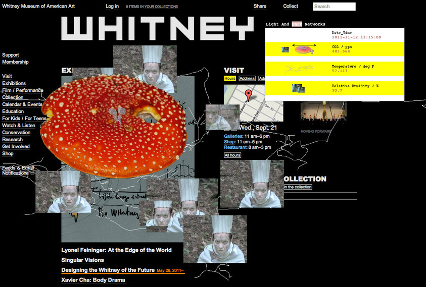 Whitney Museum webpage collage with a large red spotted mushroom cap over repeated chef portraits and map elements.