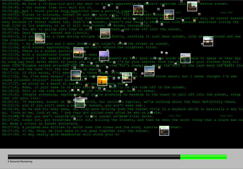 Terminal-style screen showing green text overlaid with small image thumbnails and a progress bar reading "6 Seconds Remaining."