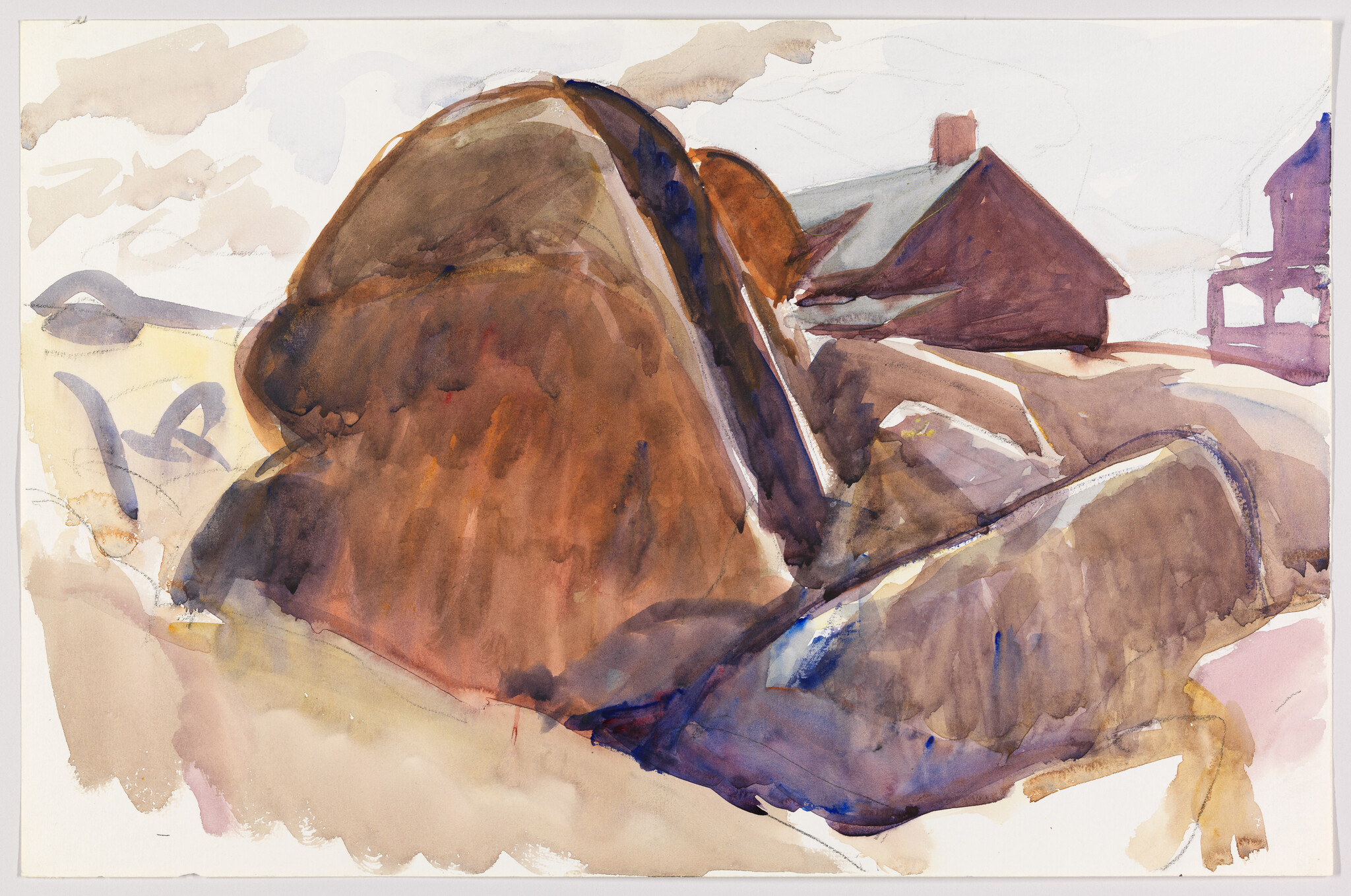 Large brown boulders dominate the foreground with simple houses and sky in the background.