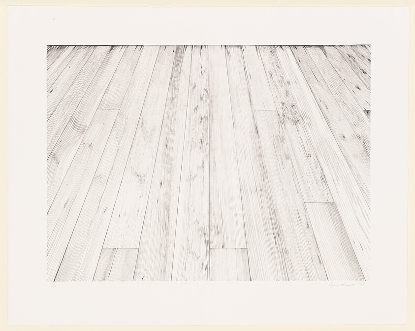 Light-colored wooden floorboards stretching away with visible grain and seams.