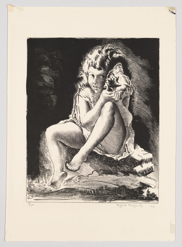 Young child sits on a rock listening to a large seashell held to their ear.