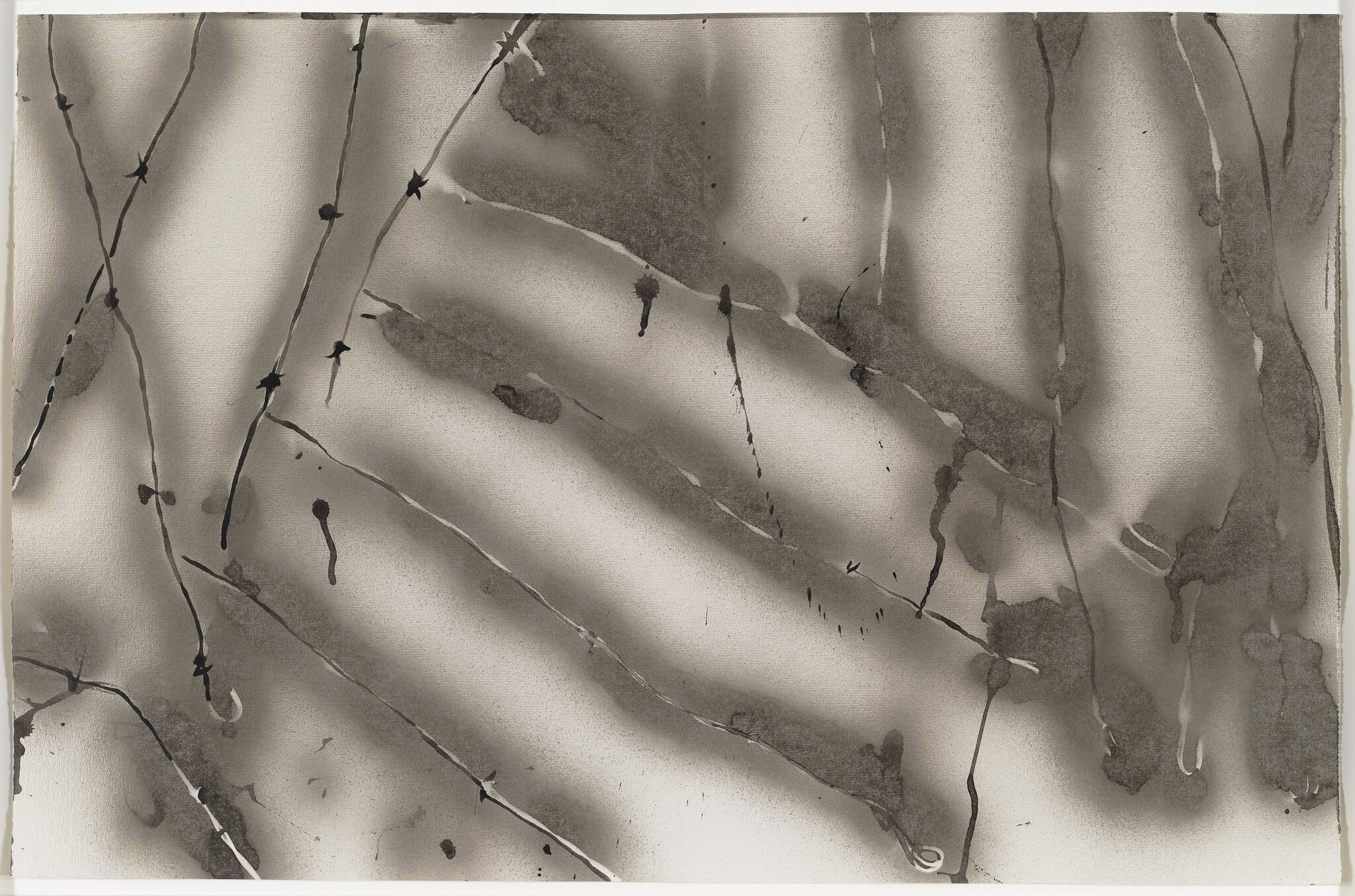 Abstract ink wash with soft diagonal shadows and thin dark drip lines.