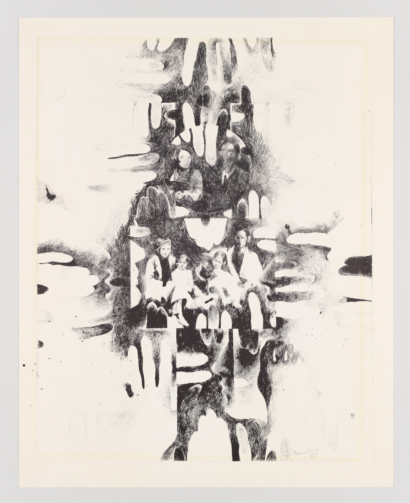 A blurred black-and-white family portrait merged with abstract ink blotches forming a vertical column.