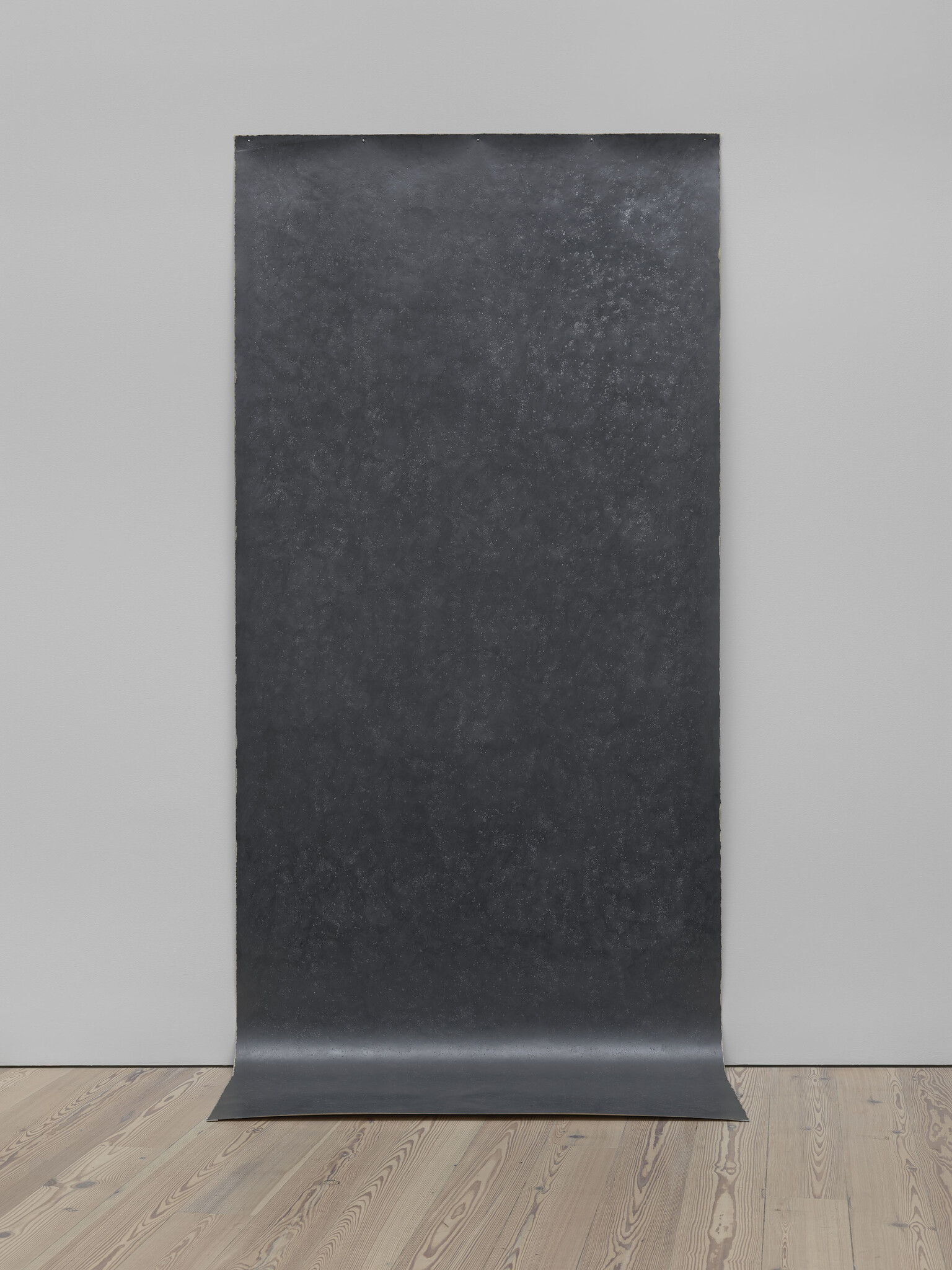 A tall, dark textured sheet hangs from the wall and curls slightly on the wooden floor.