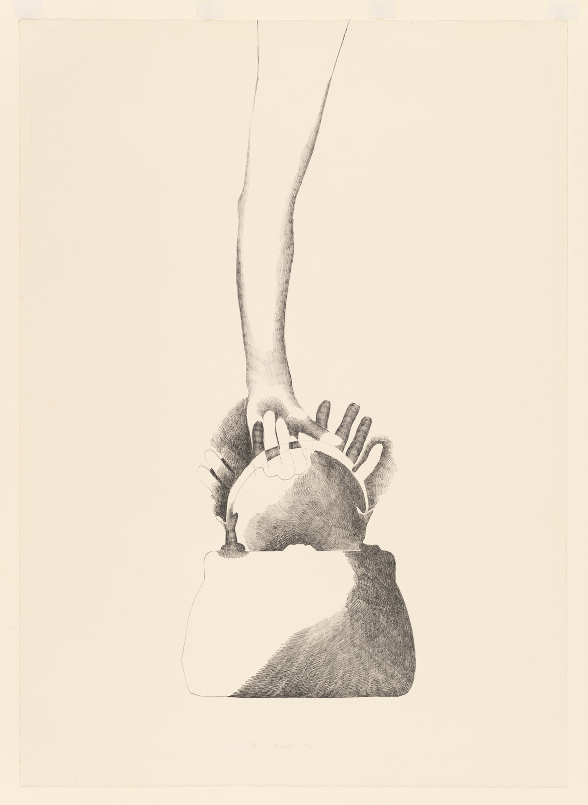 A long arm reaches down to grasp a round object held by several hands on a block.