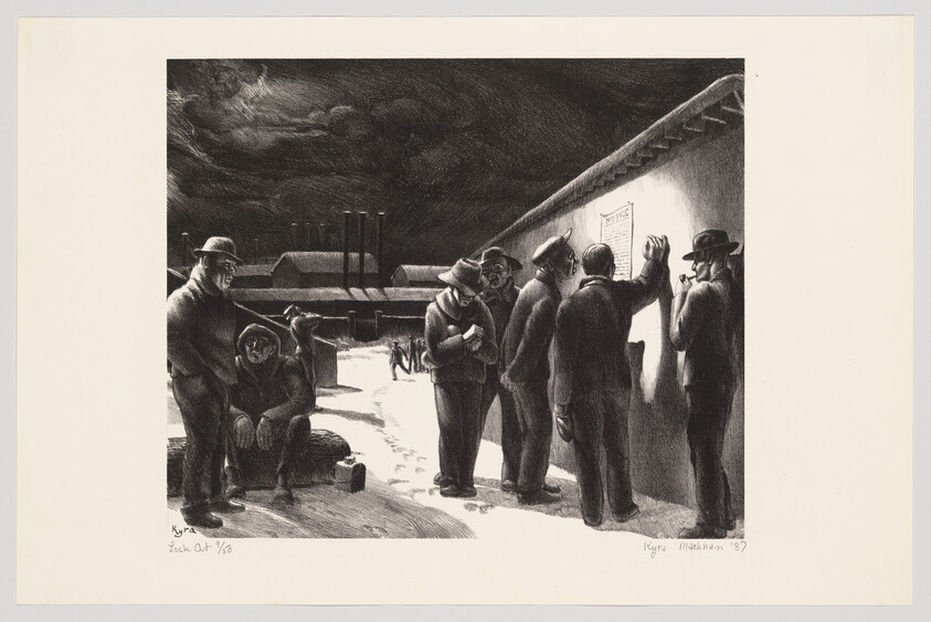 A group of men in coats read a posted notice on a wall outside a factory at night.