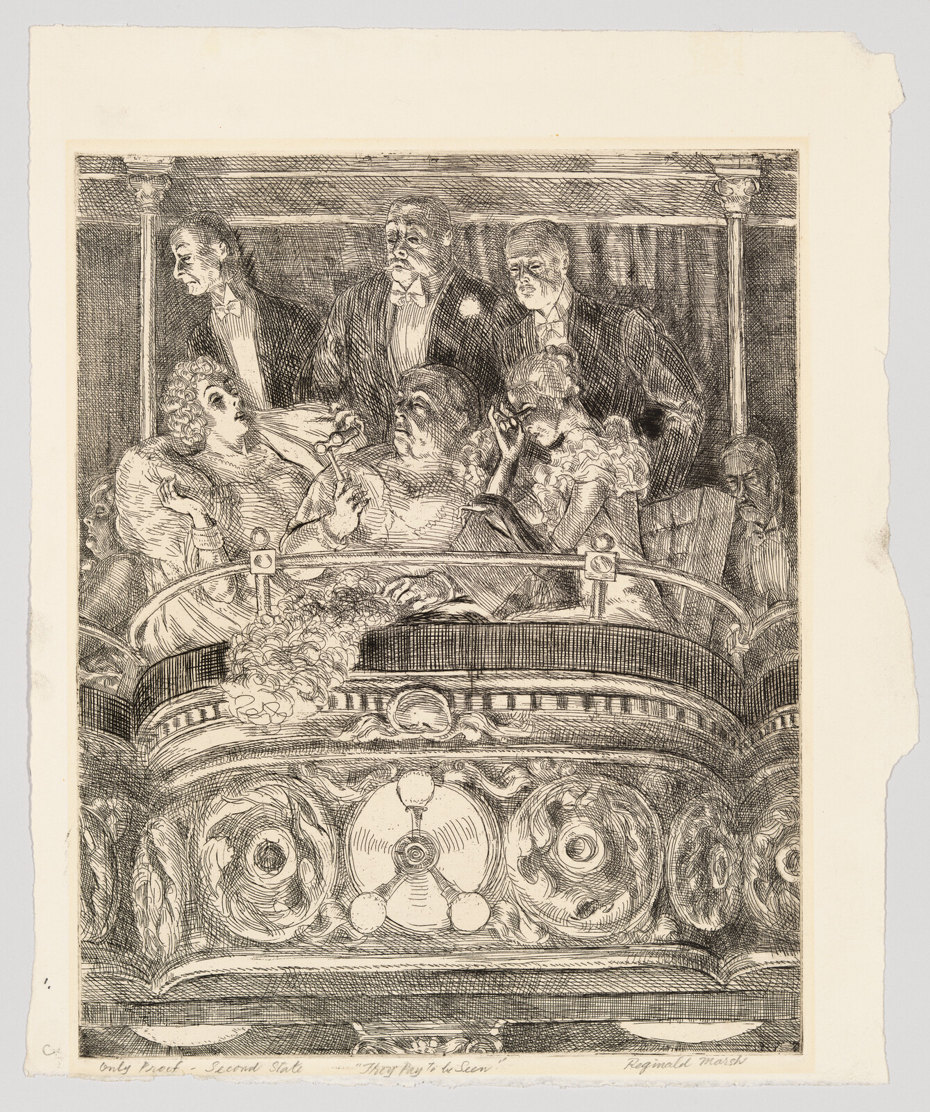 A group of well-dressed theatergoers in an ornate box watch a performance, some using opera glasses.