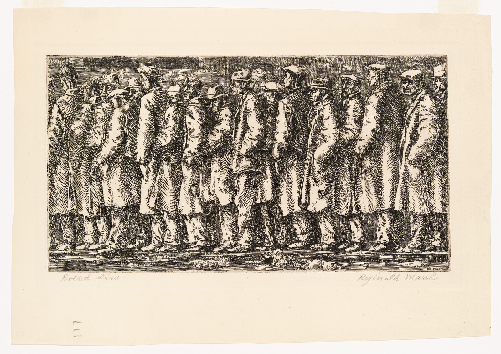 A detailed black and white etching by Reginald Marsh from 1934 depicting a crowded line of men in overcoats and hats, standing closely together, with a focus on their varied expressions and postures. The title "Bread Line" is inscribed at the bottom left, suggesting the scene represents a queue for food during a time of economic hardship.