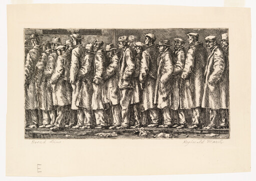 A long line of men in coats and hats standing shoulder to shoulder waiting for bread.