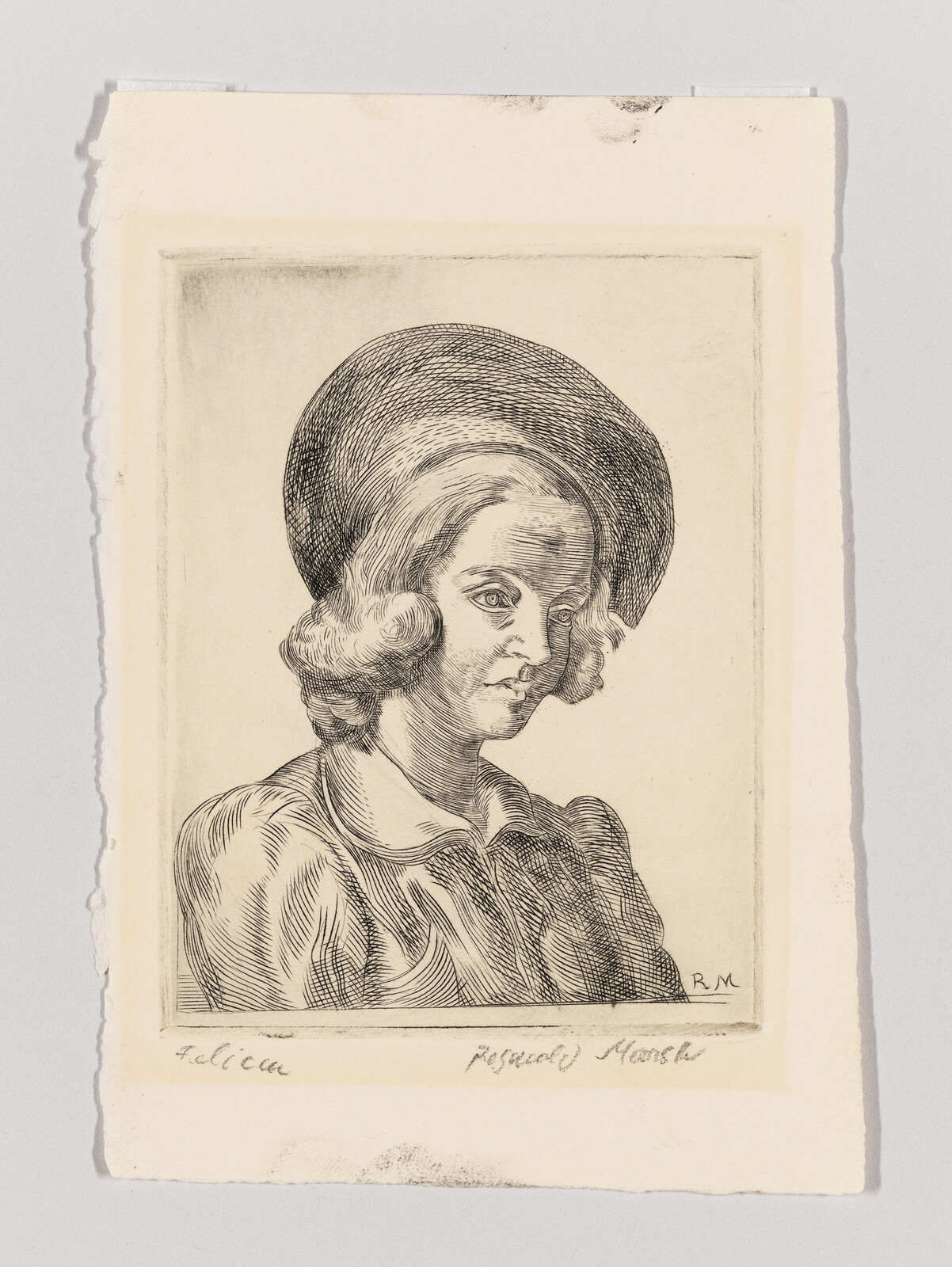 A detailed etched portrait of a young woman wearing a wide-brimmed hat and collared blouse.