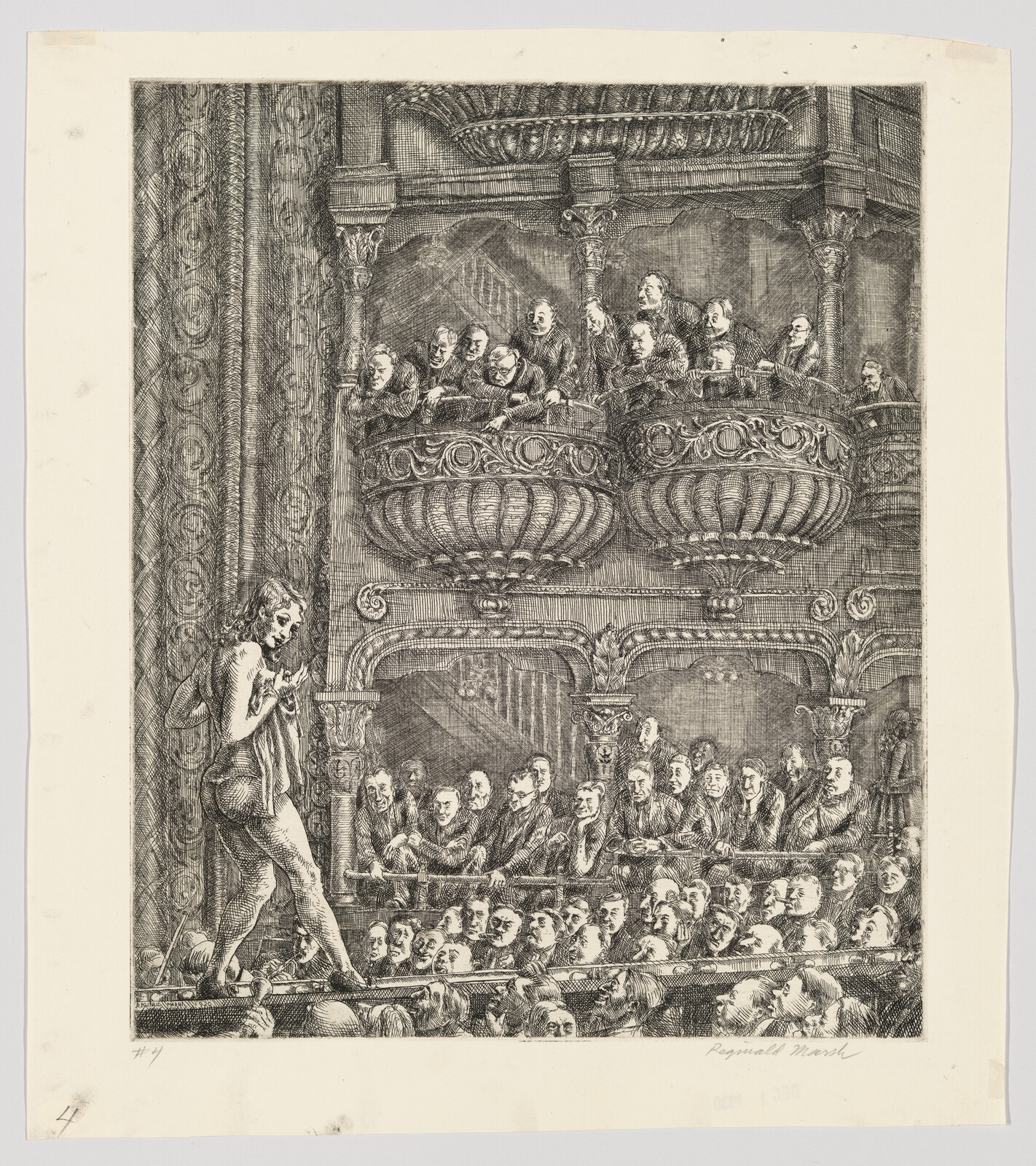 A scantily clad performer walks along the stage as a crowded theater audience watches from balconies.