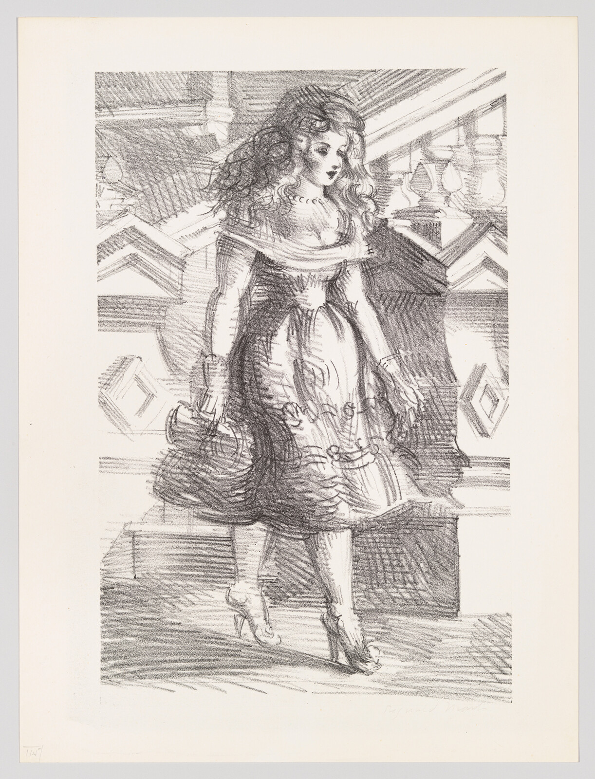 A young woman in a ruffled dress descends stairs while holding a small handbag.