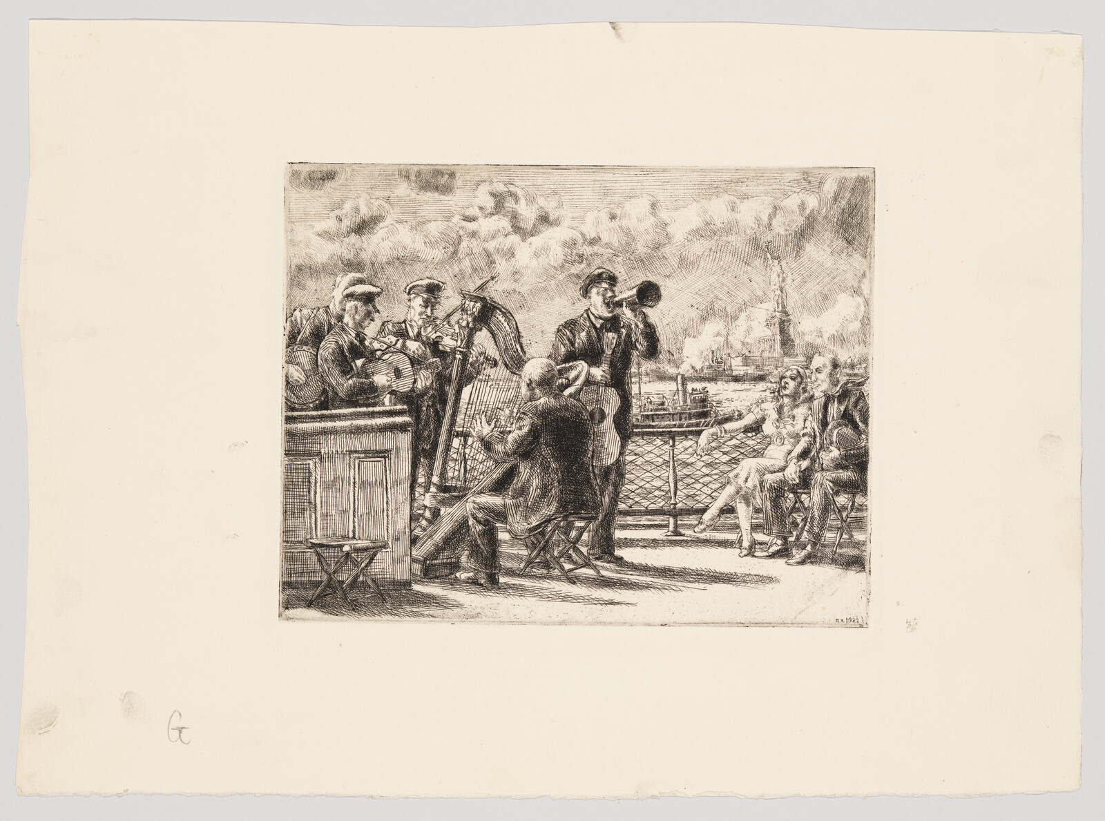 Musicians play harp, guitar, and trumpet on a ship deck while passengers listen.