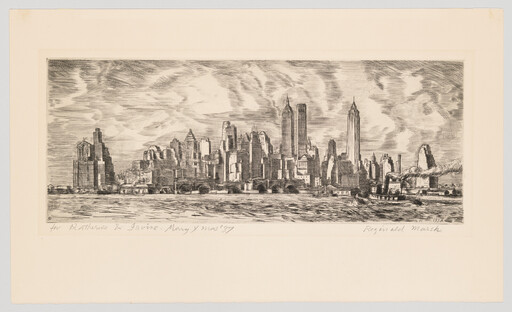 A detailed etching of a city skyline viewed from the water with a tugboat.