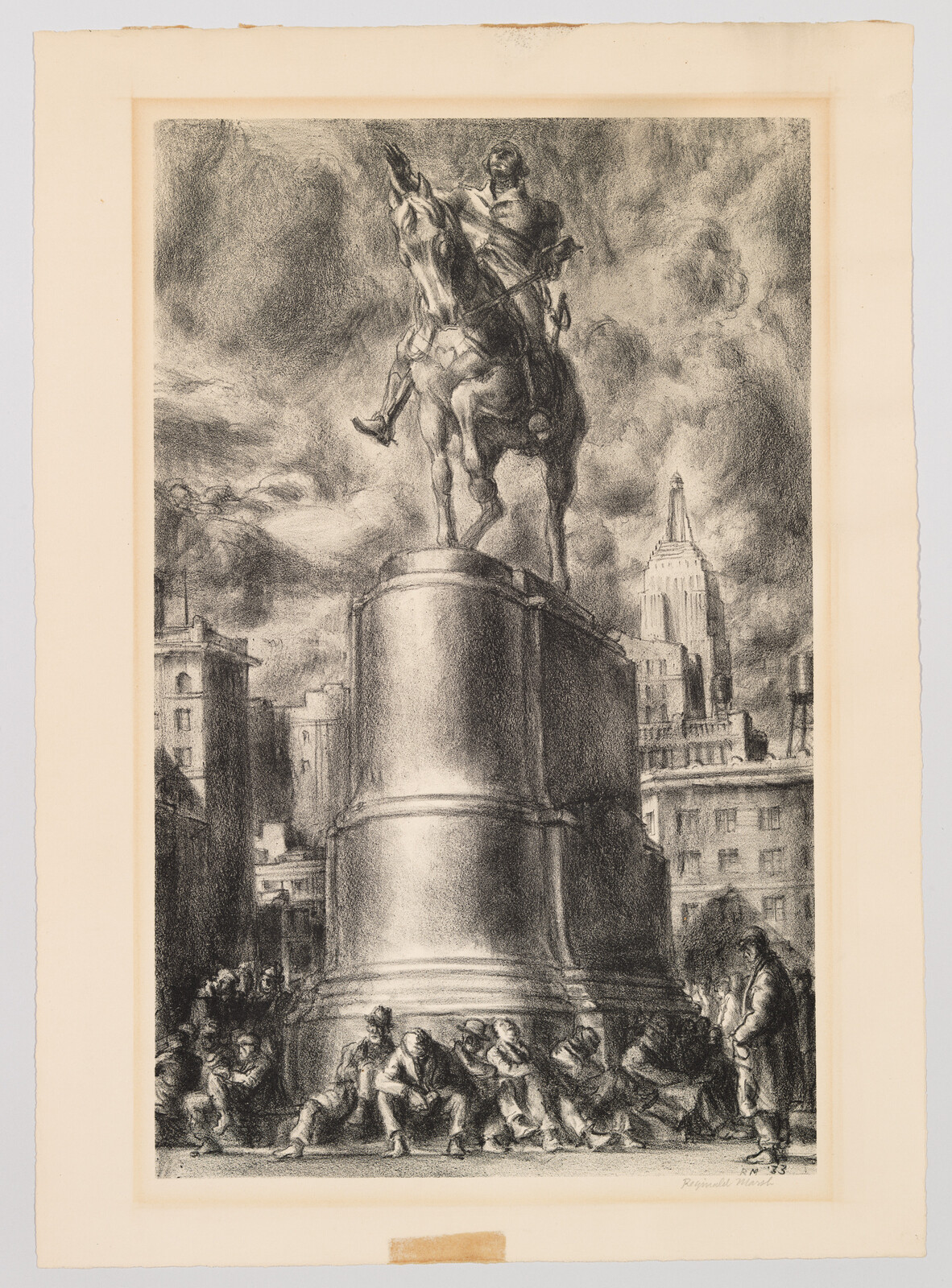 A large equestrian statue on a tall pedestal overlooks seated workers gathered at its base in a city.