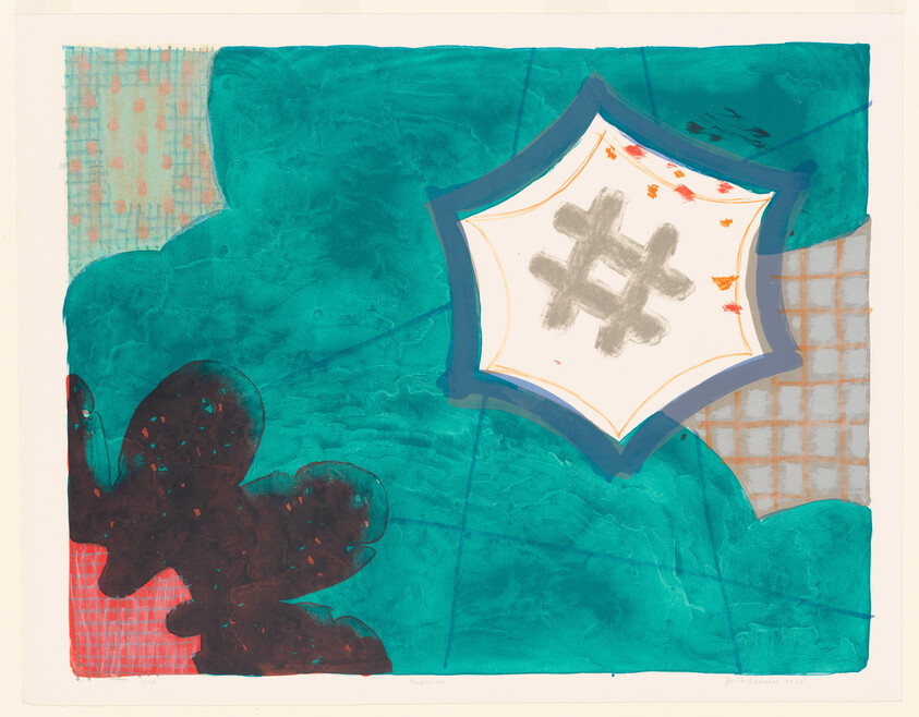 Bright teal canvas with a star-shaped white panel showing a gray hashtag and dark organic shapes.