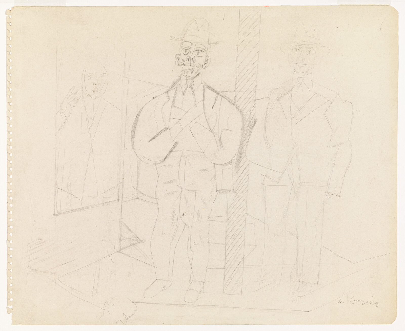 Three standing figures sketched in pencil, central man with crossed arms and hat.