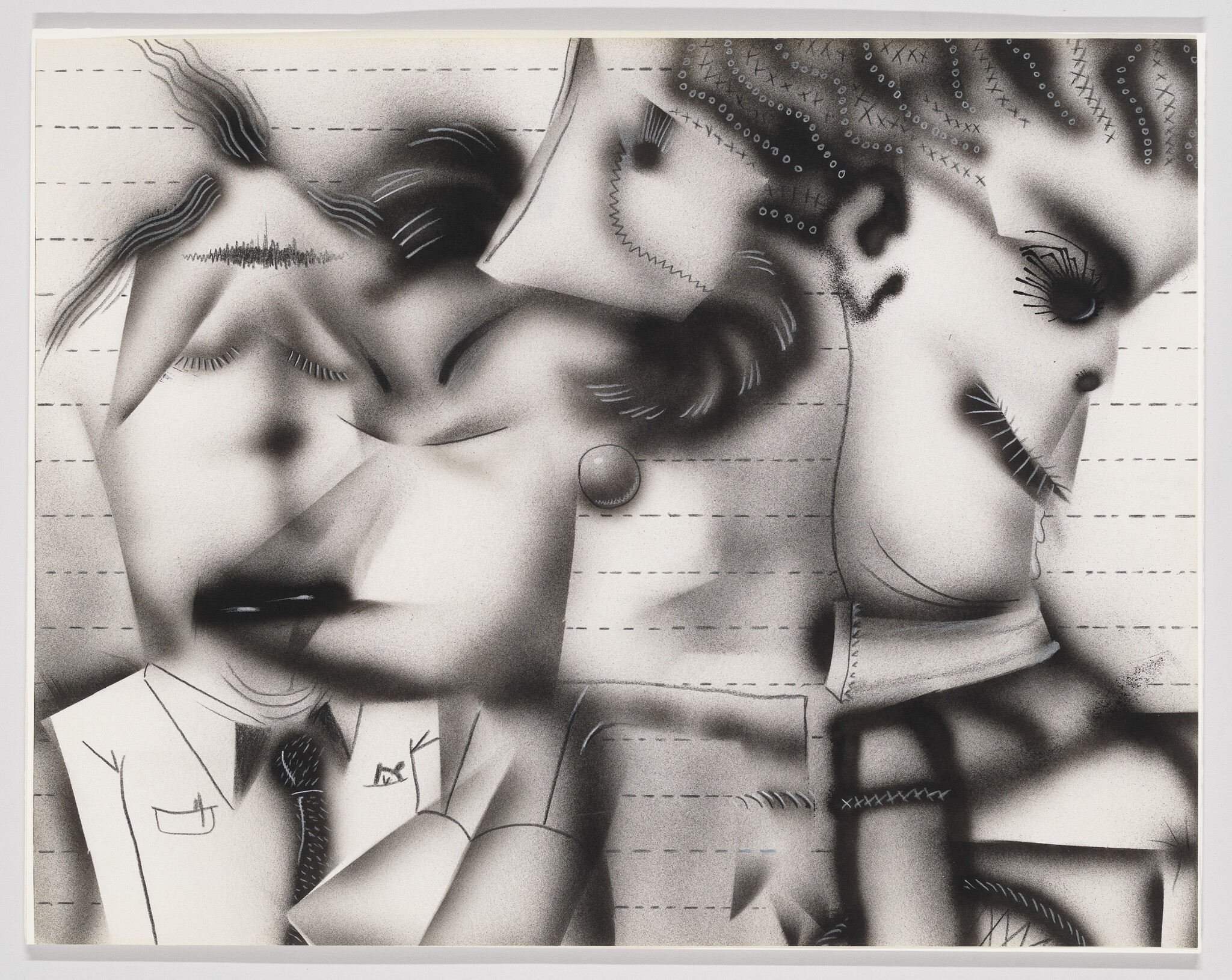 Three distorted black-and-white faces overlap, with stitched and textured patterns across their features.