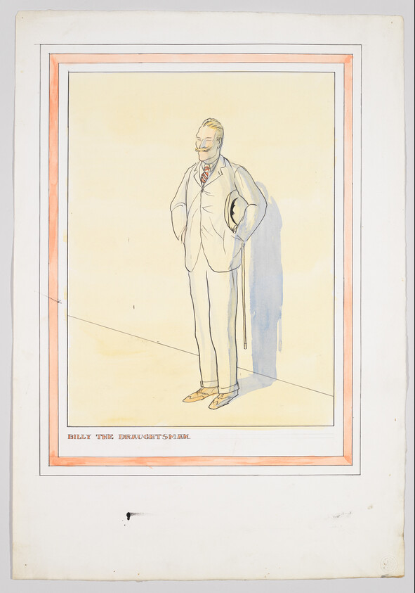 Illustration of a distinguished-looking man standing with his hands in his pockets, wearing a suit, tie, and glasses. He appears to be in a contemplative pose. The drawing is framed within a double border, and the caption "BILLY THE DRAUGHTSMAN" is written below the figure. The background is a pale yellow, and the artwork has a vintage feel.